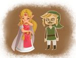  1girl blonde_hair cape drawing dress facial_hair forehead_jewel jitome laughing link long_dress mustache pointy_ears princess_zelda stephanie_(art_jams) the_legend_of_zelda the_legend_of_zelda:_a_link_between_worlds tiara watermark web_address 