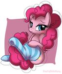  blush cutie_mark equine eyelashes female feral friendship_is_magic fur hair horse legwear long_hair looking_at_viewer mammal my_little_pony pillow pink_fur pink_hair pinkie_pie_(mlp) pony prettypinkp0ny signature smile solo stockings 
