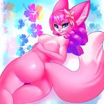  blue_eyes bow breasts butt canine female fox fur hair licking licking_lips looking_at_viewer looking_back mammal nipples nude pink_fur pink_hair pink_nose pinup pose side_boob sif solo tongue wide_hips 