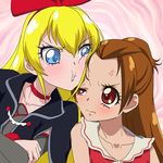  anger_vein angry blonde_hair blue_eyes blush bow brown_hair cheek-to-cheek dokidoki!_precure hair_bow long_hair looking_at_another madoka_aguri multiple_girls precure red_eyes regina_(dokidoki!_precure) sailor_collar shin_(irowanioedo) white_sailor_collar 