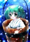  blue_background blush bucket fingernails green_eyes green_hair hair_bobbles hair_ornament highres in_bucket in_container japanese_clothes kimono kisume light_particles lips looking_at_viewer nekodanukoko obi parted_lips sash solo touhou twintails wooden_bucket 