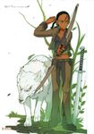  absurdres alpha_(bara_no_maria) arrow bara_no_maria black_hair bow_(weapon) bunbun dark_skin green_eyes highres long_hair rom_four sword weapon white_fur wolf yellow_eyes 