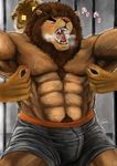  biceps big_muscles bulge clothing duo feline fur gawein-dragon gay hair lion male mammal muscles nipple_pinch nipples nude pecs tiger toned topless 