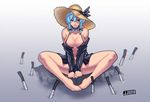  alternate_costume alternate_hair_color artist_name bare_shoulders barefoot black_bra blue_eyes blue_hair bottomless bra braid breasts butterfly_sitting chromatic_aberration cleavage collarbone covering covering_crotch detached_collar hair_ribbon hat hat_ribbon highres izayoi_sakuya jjune knife large_breasts long_hair long_sleeves making_of no_pants open_clothes open_shirt planted_knife planted_weapon ribbon shirt signature sitting solo spread_legs straw_hat striped striped_shirt too_many too_many_knives touhou twin_braids underwear v_arms vertical-striped_shirt vertical_stripes very_long_hair weapon 