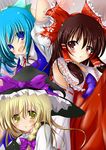  bare_shoulders blonde_hair blue_eyes blue_hair blush bow braid brown_eyes brown_hair cirno detached_sleeves hair_bow hair_ribbon hair_tubes hakurei_reimu hat hat_bow kirisame_marisa multiple_girls ribbon side_braid t_(dyuhuhudyukusi) touhou witch_hat yellow_eyes 