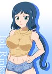  1girl ass bare_shoulders blue_hair blush breasts denim green_eyes gundam gundam_build_fighters iori_rinko jeans kedamaru_(gamepasolife) large_breasts long_hair midriff milf navel ponytail pov ribbed_sweater short_shorts shorts smile solo sunrise_(company) sweater turtleneck 