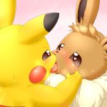  &lt;3 &lt;3_eyes 2018 alacarte ambiguous_gender blush cute_fangs eevee kissing nintendo pikachu pok&eacute;mon pok&eacute;mon_(species) sweat video_games 
