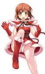  boots brown_eyes brown_hair gloves hagiwara_yukiho idolmaster idolmaster_(classic) panties pantyshot pantyshot_(standing) red_gloves santa_boots santa_costume santa_gloves short_hair smile solo standing temurei_(vovovov) underwear white_panties 