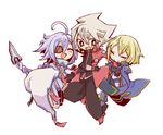  2boys :&gt; :d ^_^ ahoge arm_hug black_pants blazblue blonde_hair blush bodysuit brothers closed_eyes eyepatch heterochromia jacket jin_kisaragi multiple_boys nu-13 open_mouth pants ragna_the_bloodedge red_jacket siblings silver_hair smile 