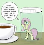  cup cutie_mark dialog drink english_text equine female feral fluttershy_(mlp) friendship_is_magic fur glass_jar hair horse inside jar long_hair mammal micro my_little_pony pegasus pink_hair pony solo text whatsapokemon wings yellow_fur 