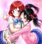  black_hair blush glomp hug kazuharu_kina love_live! love_live!_school_idol_project multiple_girls nishikino_maki one_eye_closed open_mouth otonokizaka_school_uniform outstretched_arms purple_eyes pushing red_hair school_uniform short_hair skirt smile sweater_vest yazawa_nico 