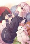  bad_id bad_pixiv_id black_legwear danganronpa frown hair_ornament hairclip handheld_game_console hood hoodie looking_back miiko_(somnolent) monomi_(danganronpa) nanami_chiaki pillow pink_eyes pink_hair playstation_portable pleated_skirt skirt super_danganronpa_2 thighhighs 