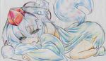  animal_ears bare_shoulders blush colored_pencil_(medium) detached_sleeves hat highres inubashiri_momiji kitazinger lying on_stomach open_mouth short_hair silver_hair sleeping solo tail tokin_hat touhou traditional_media wolf_ears wolf_tail 