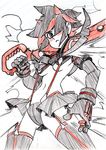  alex_ahad blush breasts highres kill_la_kill matoi_ryuuko medium_breasts multicolored_hair revealing_clothes scissor_blade senketsu sketch solo spot_color suspenders sword traditional_media two-tone_hair underboob weapon 