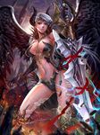  black_wings blurry bracelet breasts center_opening collarbone contrapposto depth_of_field dual_wielding highres holding holding_sword holding_weapon horns huge_weapon jewelry kenshjn_park large_breasts looking_at_viewer midriff navel necklace orange_eyes outdoors red_ribbon revealing_clothes ribbon silver_hair solo standing sunlight sword weapon white_hair wings 