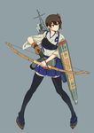  black_legwear bow_(weapon) brown_eyes brown_hair flight_deck japanese_clothes kaga_(kantai_collection) kantai_collection kuropu muneate pleated_skirt short_hair side_ponytail skirt solo thighhighs weapon zettai_ryouiki 