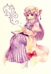  book bow crescent hair_bow hat hat_bow long_hair patchouli_knowledge purple_eyes purple_hair shiroma_(mamiko) solo touhou traditional_media watercolor_(medium) 