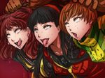  3girls ahegao amagi_yukiko aran_sweater black_hair brown_hair cardigan clothed_sex crying doggystyle drooling earrings fucked_silly group_sex hair_grab hairband hetero implied_sex jewelry kujikawa_rise long_hair multiple_girls open_mouth out-of-frame_censoring persona persona_4 red_hair rolling_eyes saliva satonaka_chie shadow_(persona) shadow_chie shadow_rise shadow_yukiko short_hair sweat sweater tears tomboy tongue tongue_out warainaku yellow_eyes 