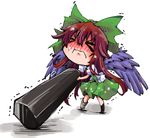  &gt;_&lt; arm_cannon blush bow brown_hair chibi closed_eyes frown full_body hair_between_eyes hair_bow heavy huge_weapon large_bow long_hair mismatched_footwear reiuji_utsuho shinapuu simple_background skirt solo standing touhou trembling weapon white_background wings 