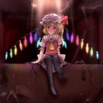  ascot bad_id bad_pixiv_id black_legwear blonde_hair blush chain crystal damaged flandre_scarlet hat highres minust puffy_sleeves red_eyes ribbon ruins short_hair side_ponytail skirt solo thighhighs touhou vest wings 