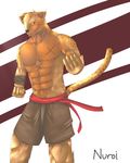  abstract_background anthro bandage belt biceps big_muscles black_nose body_markings brown_fur cheetah chest_tuft clothing feline fighter fur grin male mammal markings muscles nuroi pecs pose red_eyes scar shorts smile solo spots standing tan_fur toned topless tuft 
