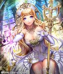  bare_shoulders blonde_hair blue_eyes breasts cleavage elbow_gloves esphy gate_of_dimension gloves hat jewelry large_breasts long_hair necklace official_art parted_lips reaching_out solo staff stained_glass thighhighs 