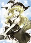  blonde_hair blue_sky braid breasts broom broom_riding cloud hand_on_headwear hat hat_ribbon kirisame_marisa kz_nagomiya long_hair medium_breasts open_mouth pale_skin puffy_short_sleeves puffy_sleeves ribbon short_sleeves single_braid skirt skirt_set sky touhou witch_hat yellow_eyes 