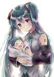  baby bad_id bad_pixiv_id blush detached_sleeves green_eyes green_hair hanekoto hatsune_miku holding_finger long_hair mother_and_child necktie smile twintails very_long_hair vocaloid 