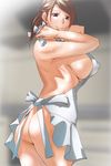  apron ass breasts brown_eyes brown_hair covered_nipples huge_breasts kunifuto mature naked_apron original short_hair sideboob smile solo 