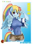  5_fingers anthro anthrofied blue_skin breasts clothing english_text equine female friendship_is_magic hair horse looking_at_viewer mammal multi-colored_hair my_little_pony peace_sign pegasus plain_background pony ponytail purple_eyes rainbow_dash_(mlp) rainbow_hair shirt shorts skyraptor smile solo standing text tight_clothing v_sign wings 