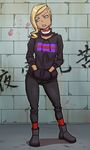  blonde_hair blush boots breasts brick_wall contrapposto dark_skin earrings fashion full_body graffiti gyaru habatakuhituji hood hood_down hoodie jewelry lipstick long_hair makeup medium_breasts onoda_yasuri original purple_lipstick solo standing translation_request undercut 