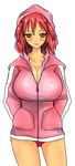  alternate_costume blush breasts buruma cleavage collarbone contemporary hair_bobbles hair_ornament han_(jackpot) hands_in_pockets hood hooded_track_jacket jacket large_breasts lips naughty_face no_shirt onozuka_komachi red_eyes red_hair simple_background smile solo thighs touhou track_jacket white_background zipper 