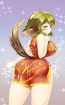  alternate_costume animal_ears ass bare_shoulders blush breasts china_dress chinese_clothes curvy danbo_(rock_clime) dress from_behind green_eyes green_hair kasodani_kyouko large_breasts looking_back narrow_waist short_hair smile solo sparkle tail touhou wide_hips 