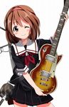  bad_id bad_pixiv_id black_serafuku brown_eyes brown_hair cosplay guitar hairband highres hirasawa_yui hirasawa_yui_(cosplay) instrument k-on! kantai_collection long_hair look-alike neckerchief one_eye_closed parody red_hairband red_neckwear school_uniform serafuku shiratsuyu_(kantai_collection) short_hair tantan_men_(dragon) 