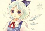  blue_eyes bow cirno hair_bow ice ice_wings lowres shiroma_(mamiko) short_hair silver_hair snowflakes solo touhou traditional_media watercolor_(medium) wings 
