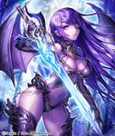  armor bikini_armor breasts chain cleavage demon_wings elbow_gloves esphy eyepatch gate_of_dimension gloves large_breasts long_hair navel official_art parted_lips pink_eyes purple_hair solo sword thighhighs weapon wings 