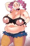  1girl areolae arm_bands arm_up armpit_hair armpits bare_shoulders belly belt blue_eyes blush breasts choker curvy denim_shorts erect_nipples fat hand_on_head hand_on_hips hips huge_breasts jeans large_areola muffin_top navel nintendo nippleless_clothes nipples npc_trainer pink_hair plump pokeball pokemon punk smell solo standing stockings sweat thick_thighs thighs torn_clothes twintails wide_hips wrist_cuffs yokkora 