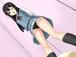  arms_behind_back black_hair black_legwear black_panties blush from_below hou_(hachiyou) kneehighs kyoukai_no_kanata long_hair looking_down nase_mitsuki one_eye_closed open_mouth panties pantyshot red_eyes school_uniform serafuku skirt solo underwear upskirt 