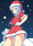  alternate_costume bangs black_panties blue_eyes blunt_bangs frown gyuunyuu_bin hand_on_hip hat hatsukaze_(kantai_collection) kantai_collection long_hair looking_at_viewer panties pantyshot pantyshot_(standing) santa_costume santa_hat snowflakes solo standing underwear 