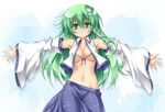  bikini_top blush breasts detached_sleeves frog frog_hair_ornament green_eyes green_hair hair_ornament japanese_clothes kochiya_sanae large_breasts long_hair looking_at_viewer navel no_bra open_clothes open_shirt outstretched_arms roura shirt skirt smile snake snake_hair_ornament solo spread_arms touhou 