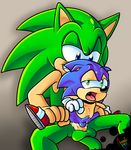  2013 abdominal_bulge amuzoreh anal anal_penetration anthro balls blue_eyes blue_hair cum cum_in_ass cum_inside gay green_body green_eyes hair hedgehog male open_mouth penetration penis scourge_the_hedgehog sega sex sonic_(series) sonic_the_hedgehog teeth 