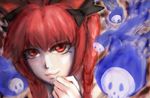  :3 animal_ears black_bow bow braid cat_ears close-up flaming_skull hair_bow hand_to_own_mouth kaenbyou_rin lips looking_at_viewer najisa portrait red_eyes red_hair smile solo touhou twin_braids 
