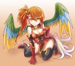  china_dress chinese_clothes cleavage_cutout colored_eyelashes dress earrings hair_ornament hairclip jewelry leilan_(p&amp;d) long_hair looking_at_viewer memento_vivi multicolored multicolored_wings orange_hair puzzle_&amp;_dragons side_ponytail smile solo wings yellow_eyes 