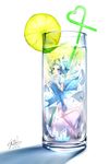  absurdres bad_id bad_pixiv_id blue_eyes blue_hair bow cirno dress dress_shirt drinking_straw food fruit glass hair_bow highres ice ice_wings in_container lemon lemon_slice minigirl open_mouth ribbon shirt short_hair signature smile solo touhou wings yomi_yasou 
