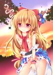  blonde_hair blush bow breasts embarrassed enjoy_mix fang hair_bow horn_ribbon horns ibuki_suika nipples no_panties red_eyes ribbon small_breasts solo sunset touhou wrist_cuffs 