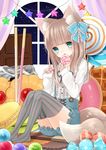  ame_usako animal_ears banned_artist blue_eyes blush bow brown_hair candy cat_ears chocolate cookie food hair_ornament indoors jam_cookie lace licking lollipop looking_at_viewer macaron no_shoes open_mouth original oversized_object pocky sitting skirt sky solo star star_(sky) starry_sky strawberry_pocky striped striped_legwear suspender_skirt suspenders swirl_lollipop tail thighhighs vertical-striped_legwear vertical_stripes window wrapped_candy 