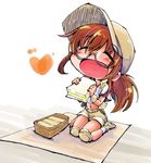  baseball_cap blush brown_hair chibi fio_germi food glasses hat heart knee_pads metal_slug midriff navel open_mouth ponytail sandwich semi-rimless_eyewear shinapuu short_shorts shorts sitting snk solo under-rim_eyewear wariza 