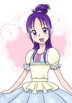  bakusai dress flower futari_wa_precure_splash_star long_hair mishou_mai open_mouth ponytail precure purple_eyes purple_hair short_sleeves smile solo 
