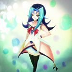  abstract_background bell black_bow black_hair black_legwear blue_hair bow crossed_legs dress eyelashes hand_on_hip jingle_bell kamishiro_rio long_hair long_sleeves multicolored_hair najisa pointy_hair red_eyes red_ribbon ribbon smile solo standing thighhighs two-tone_hair yuu-gi-ou yuu-gi-ou_zexal zettai_ryouiki 