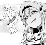  1girl ass blush goblin goblin_slayer goblin_slayer! greyscale hat licking_lips long_hair monochrome priestess_(goblin_slayer!) role_reversal saliva sturkey tongue tongue_out you_gonna_get_raped 